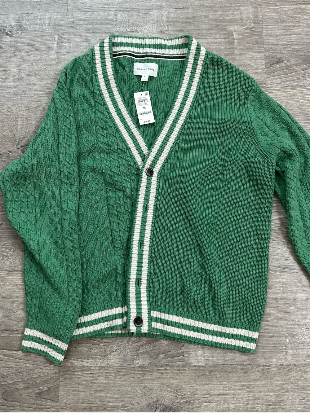 Sun + Stone Green V-Neck Cardigan with Cream Stripe Trim